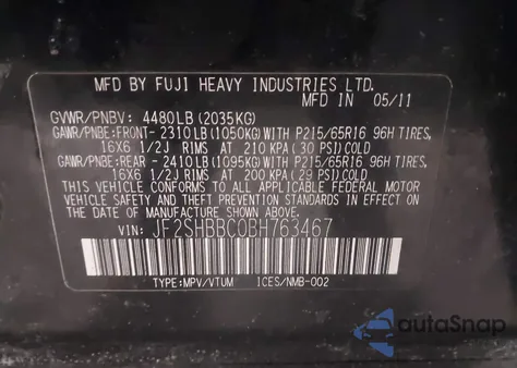 2011 Subaru Forester 2.5X из США, поврежденный, VIN JF2SHBBC0BH763467